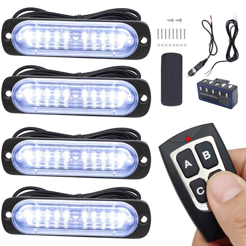 EASE2U E Led Warning Lights, 4pcs Emergency Warning Caution Hazard Construction Ultra Slim Sync Feature Car Truck with Main Control Box Surface Mount (White) - Image 1